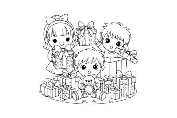 Children Celebrating Christmas with Gift Illustrations