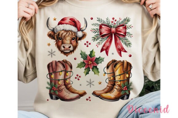 Highland Cow Christmas Boots Bows PNG Review